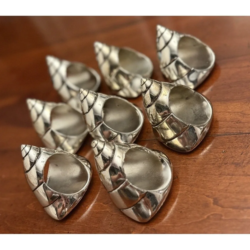 Set of 8 Vintage Silver Plated Seashell Napkin Rings Coastal Nautical Beach 8pc